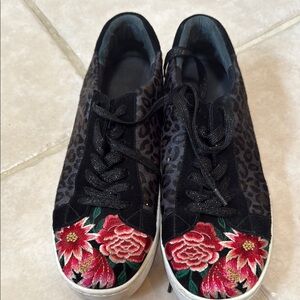 Johnny Was Black and Red Floral Embroidered Sneakers